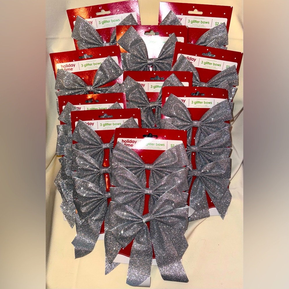 30 Silver Glitter Bows, 10 packs of 3 = 30 Bows